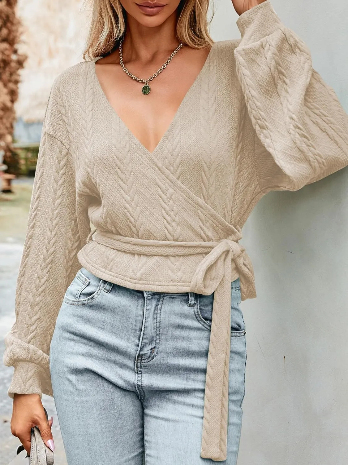 ZAFUL Women's V Neck Sweater Lantern Long Sleeve Pullover Cable Knit Cross Crop Top Casual Tie Wrap Tunic Jumper Blouses