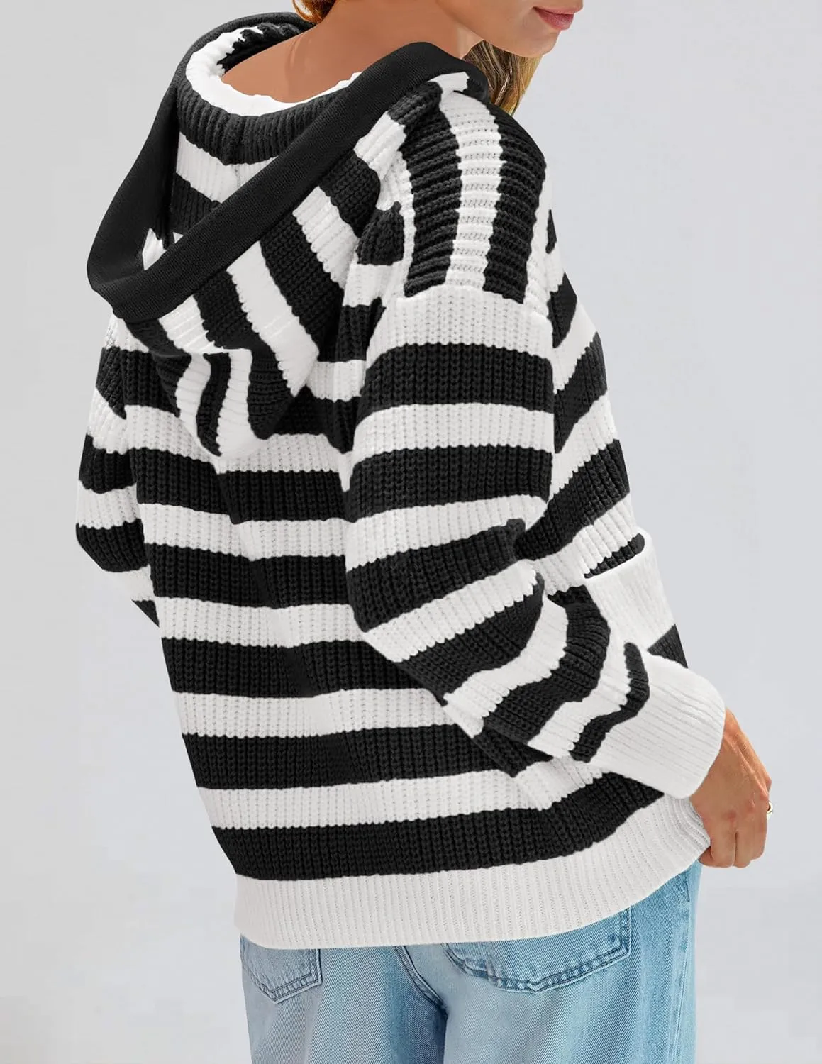 ZESICA Women's Fall Striped Sweaters 2025 V Neck Ribbed Knit Casual Oversized Pullover Hoodies Tops