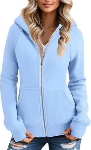Zip Up Hoodie Women Comfy Warm Fleece Jacket Oversized Sweatshirt Thumb Hole Workout Winter Jackets Coat with Pocket