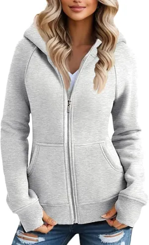 Zip Up Hoodie Women Comfy Warm Fleece Jacket Oversized Sweatshirt Thumb Hole Workout Winter Jackets Coat with Pocket