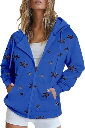 Zip Up Hoodie Women Oversized Sweatshirt Star Graphic Fleece Y2K Jacket Pockets Fall Outfits Casual Fashion Clothes
